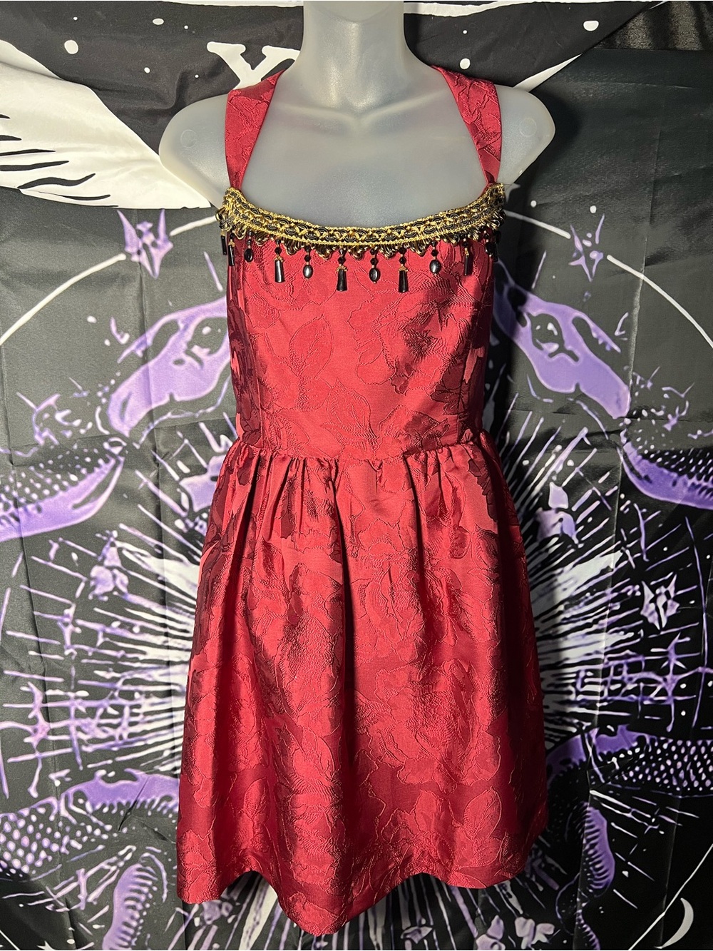 NWT Sachin + Babi Red Jacquard Party Dress with wGold Beaded Trim